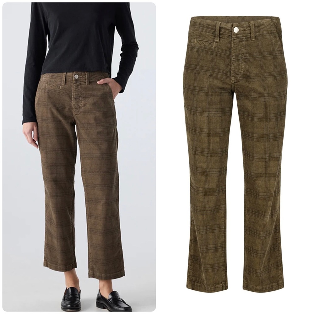 AMO Lillian Cord Pants Dark Sand Plaid Brown Corduroy Size 27 Cropped Straight